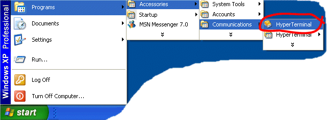 We therefore recommend using the Windows Hyperterminal program instead, which is standard in Windows. Run it from the Start Menu: