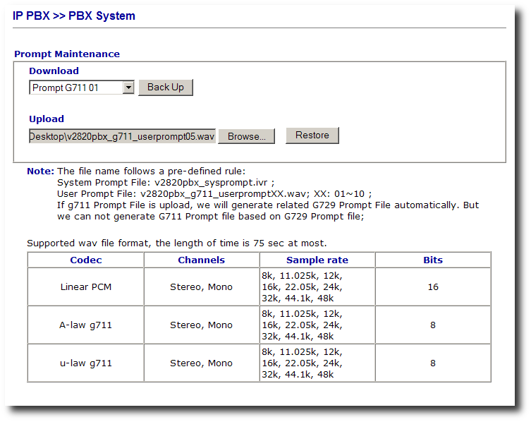PBX System - Prompt Maintenance Page
