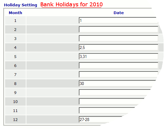 Bank Holidays for 2010