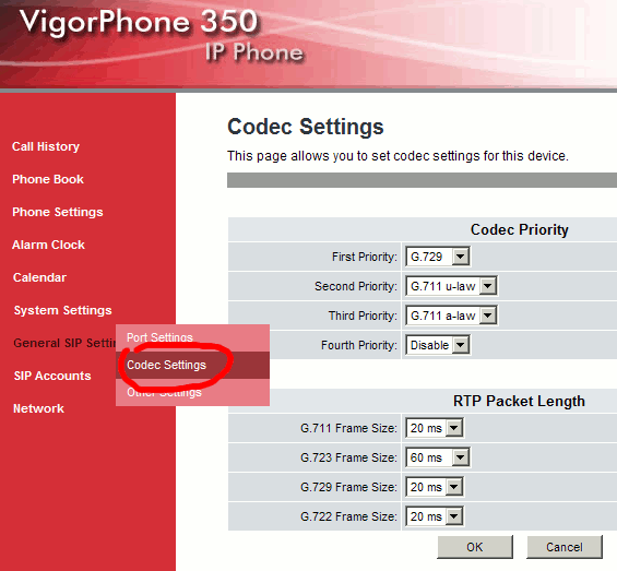 VigorPhone Codec Settings